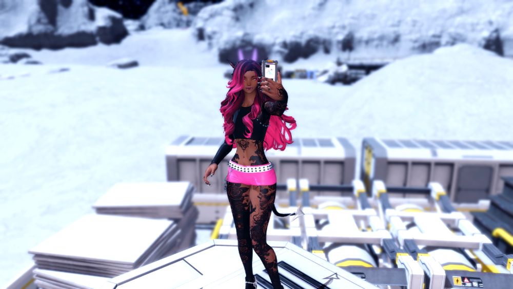 A Miqote woman is standing on space containers on the moon and taking a selfie.