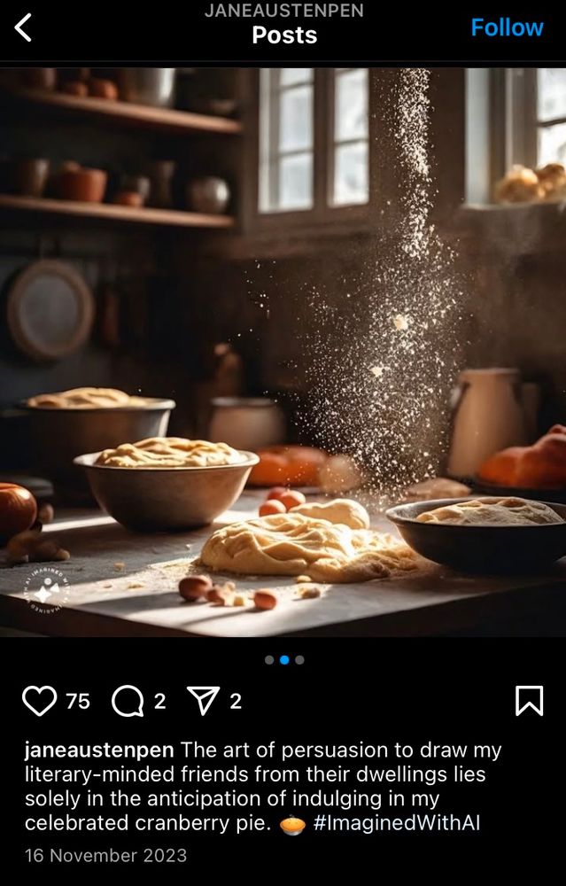 An AI picture of various bowls of lumpy dough with someone on the work surface too. There is flour floating in the air for some reason. Caption says “the art of persuasion to draw my literary-minded friends from their dwellings lies solely in the anticipation of indulging in my celebrated cranberry pie”