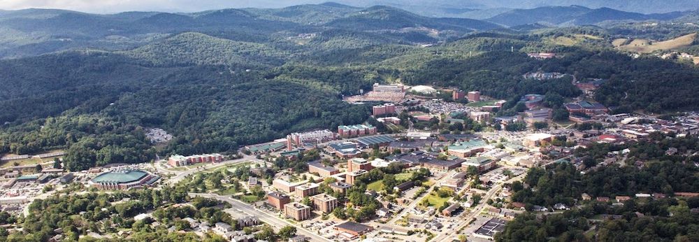 Aerial view of the town of Boone and the Appalachian State University campus