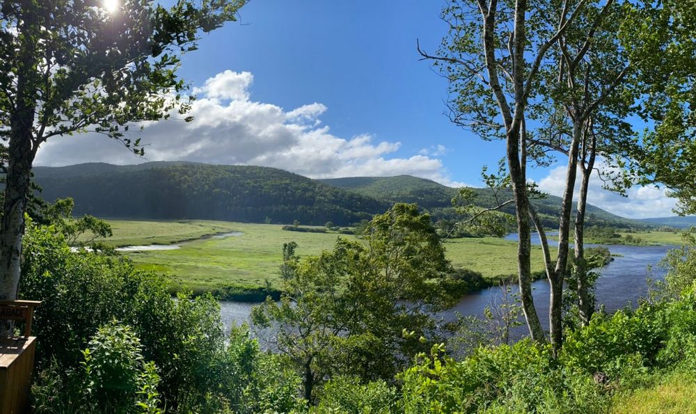 Scenic picture of rolling hills along side a river with blue sky and trees 