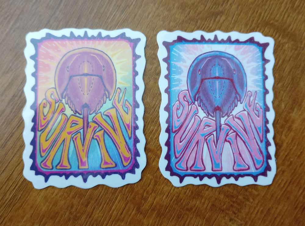 Two stickers with horseshoe crabs surrounded by a spiky border. Under the horseshoe crab, it says survive. The one is pride flag colored and the other is trans flag colored 
