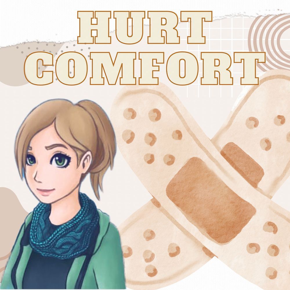 The cover for Trope-ology podcast with my avatar (a white person with blonde hair in a clip and green eyes) with bandaids in the back and it says hurt comfort at the top