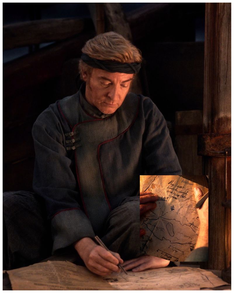 Stede in 2x2 looking miserable as he uses a list of Blackbeard’s crimes to try to work out where Ed might be. An inset of the map he is drawing.