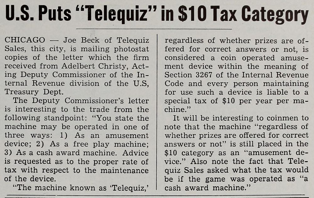 1946-09-02 Cash Box pg 53. Clarifying article on the tax-back status of Telequiz.