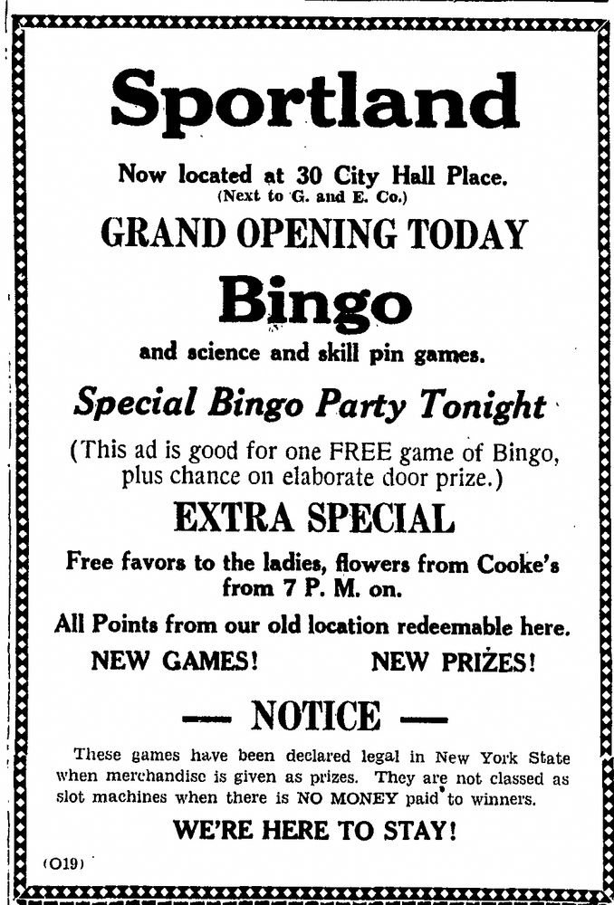1935-10-19 Plattsburgh Daily Press pg 4. A later Sportland advertisement featuring pinball as one of the featured games.
