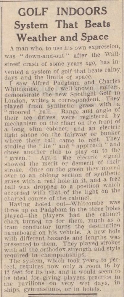 1936-05-25 Hull Daily Mail pg 11. Report of the first demonstration of Spotlight Golf at the Savoy Hotel on May 23, 1936.