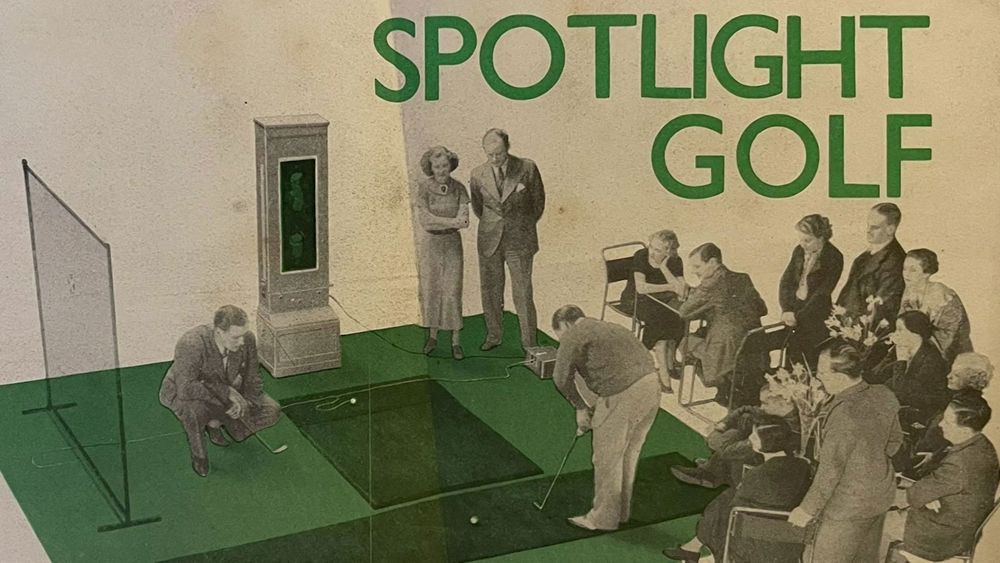 Advertisement displaying a crowd watching a person play Spotlight Golf.