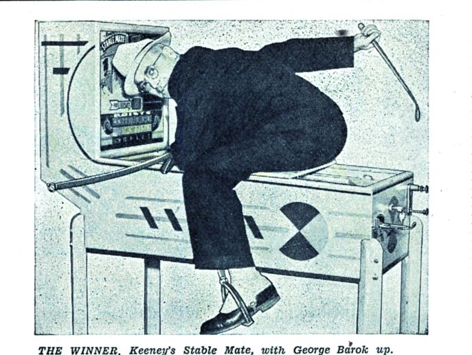1938-12-10 The Billboard pg 73. George Barok rides a J. H. Keeney Stable Mate #pinball table. Riding gear is drawn in by pencil.

https://archive.org/details/the-billboard-dec-10th-1938_202510/TheBillboard_Dec_10th_1938/