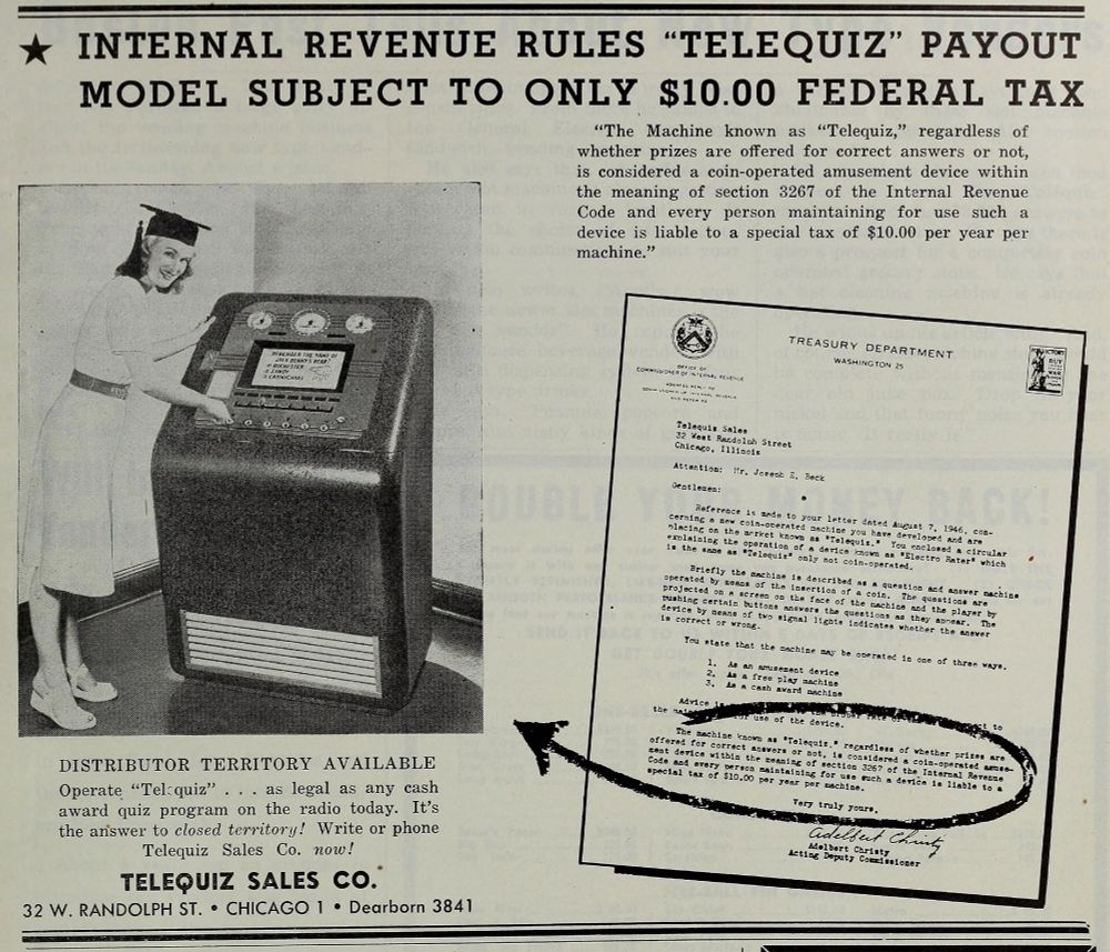 1946-08-26 Cash Box pg 54. Advertisement for Telequiz using a letter from the IRS regarding its tax refund status as a coin-operated device.