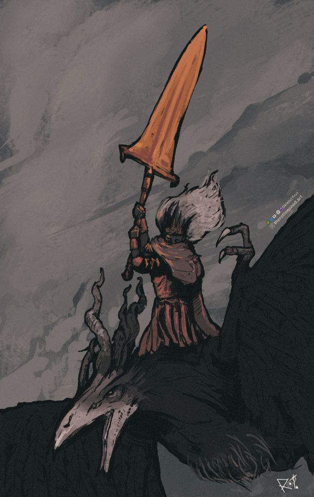 Illustration of the Nameless King from the Dark Souls series atop his mount winding up his spear as the storm rages behind them.