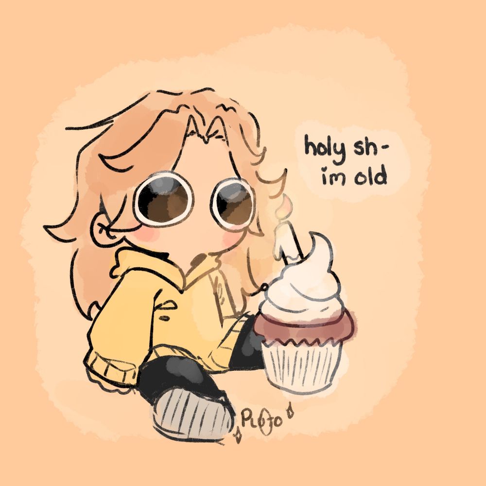 Cute smol chibi sketch sitting with legs spread, a big ol red velvet cupcake infront of them with a candle. Eyes staring blankly with text saying "holy sh- I'm old" 