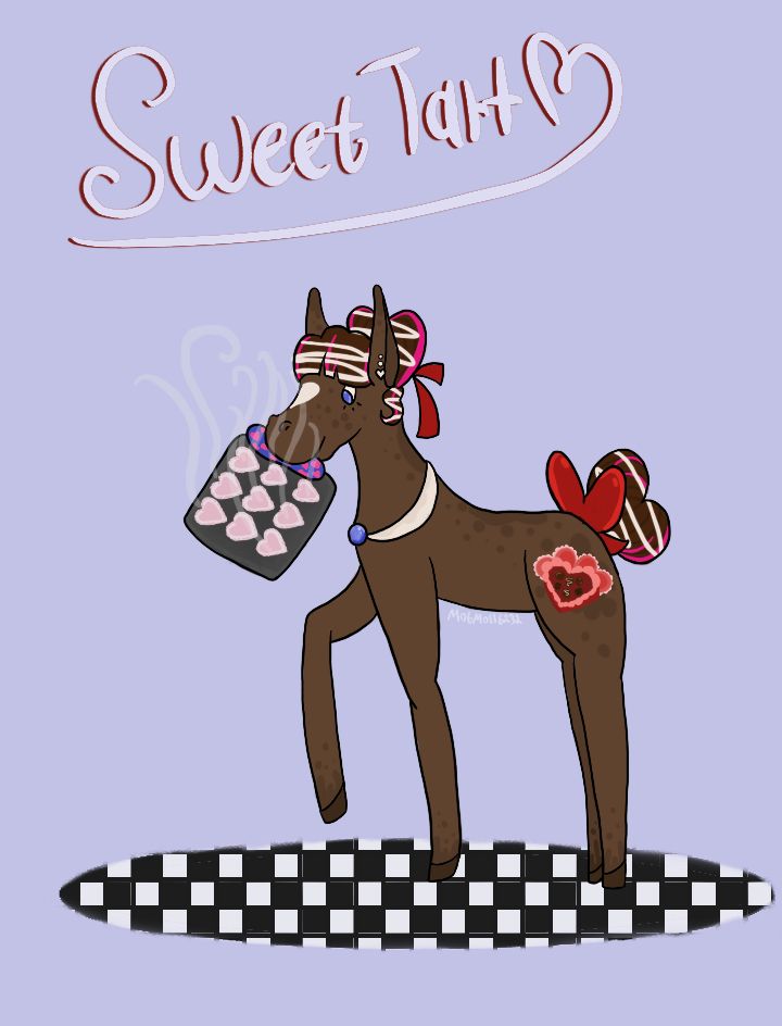 An earth pony with a dark brown coat and darker brown speckles. She has a heart shaped blaze on her nose, blue eyes, and a white shirt collar held by a blue gem. She has small, white earrings, and both her mane and tail are tied into heart shapes by red ribbons. Her mane and tail are coloured to mimic fancy chocolate covered strawberries and she is holding a tray of heart shaped cookies with a pink and blue, heart patterned pot holder in her mouth. Her cutiemark is an open box of chocolates with a Valentine’s Day card behind it. She stands on a checkerboard patterned floor and her name, Sweet Tart, is written above her in red and light blue. 