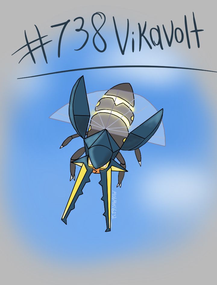 Alola’s Vikavolt, a dark teal, bright yellow, and dark grey coloured bug/electric type based off of a stag beetle.