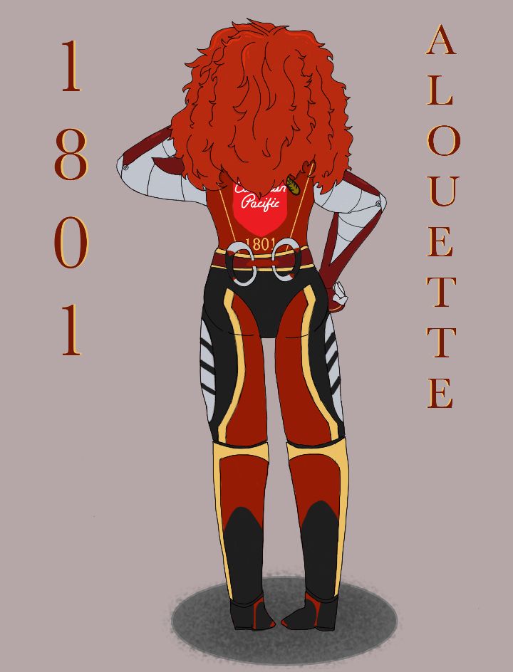 The back view of a femininely presenting robot with long, teased, red hair. The visible metal on her arms and thighs are light grey and red. The back of her top is red with yellow stripes and the old Canadian Pacific logo with the red shield and beaver alongside the number ‘1801’. She also wears a darker red and yellow belt that hold her couplers, which are light grey, black, and red. Her legs are painted in a way to portray torn ‘leggings’ and knee high ‘boots’ using red, yellow, and black. On her left, there is vertical red and yellow text that says ‘1801’ and on her right in the same manner, ‘Alouette’ in capital letters. She is posed with one hand on her hip and the other in her hair.
