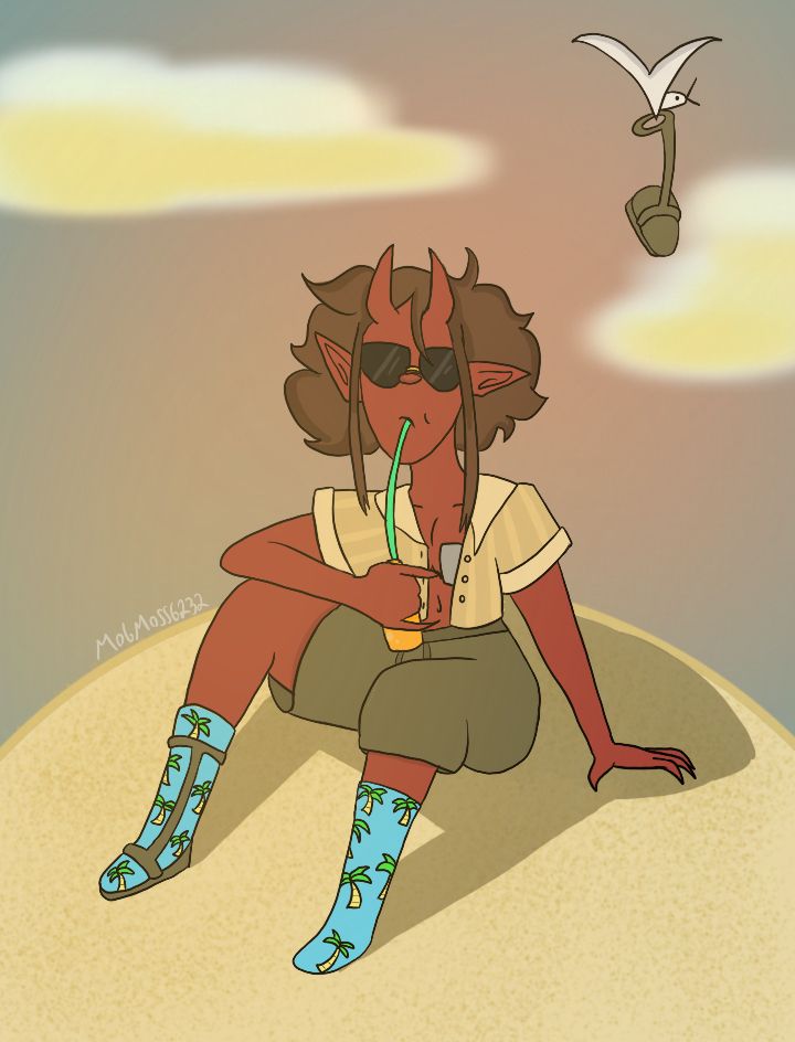 A demon with red skin, horns, and fluffy brown hair sitting on a sand dune watching the sunset at the beach. They are wearing a yellow button up shirt, green shorts, and bright blue socks with palm trees on them. They are wearing one sandal as the other has been stolen by a seagull. They are sipping some kind of orange soda and are wearing sunglasses. 