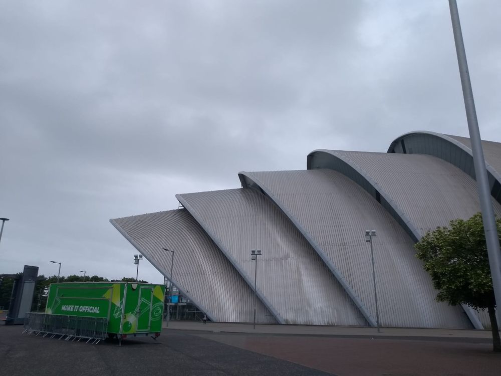 The Armadillo building in Glasgow - a white building with layered panels a bit like an armadillo