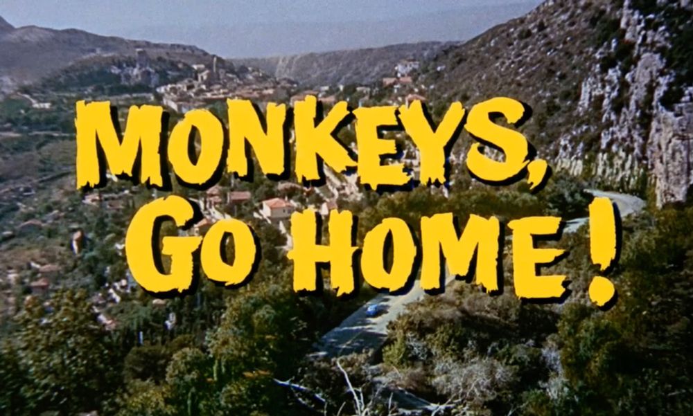 An establishing shot of Provence, France with the stylised yellow text reading 'MONKEYS, GO HOME!'