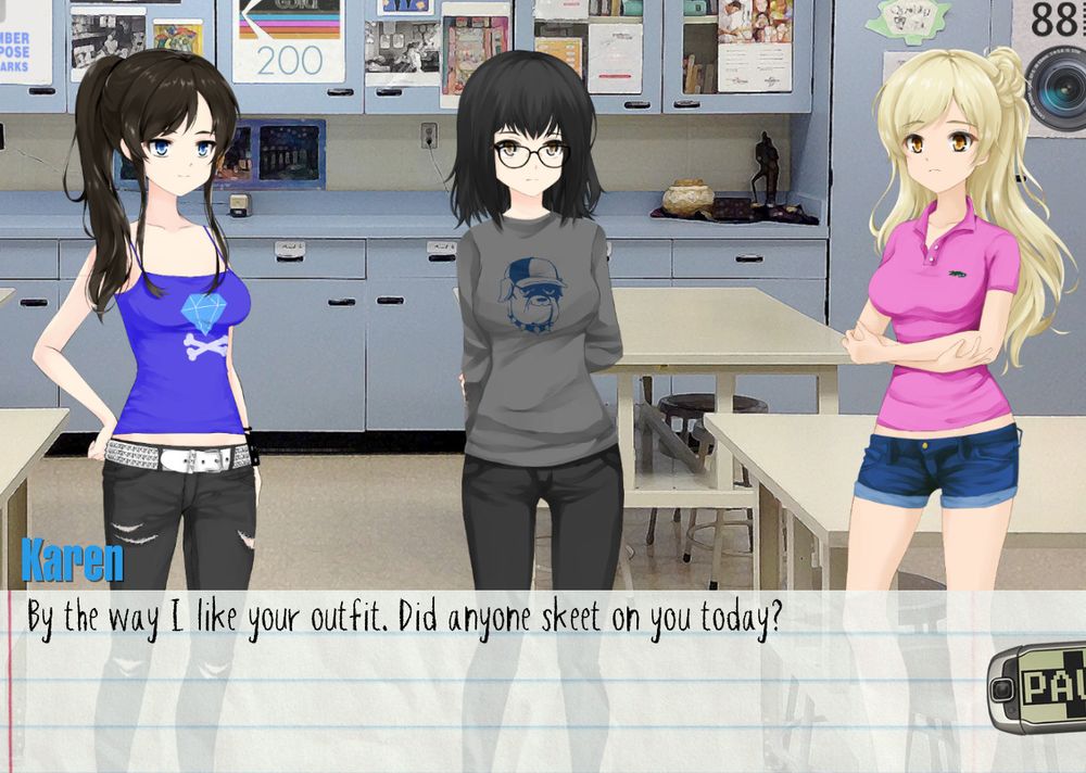 Karen: By the way I like your outfit. Did anyone skeet on you today?