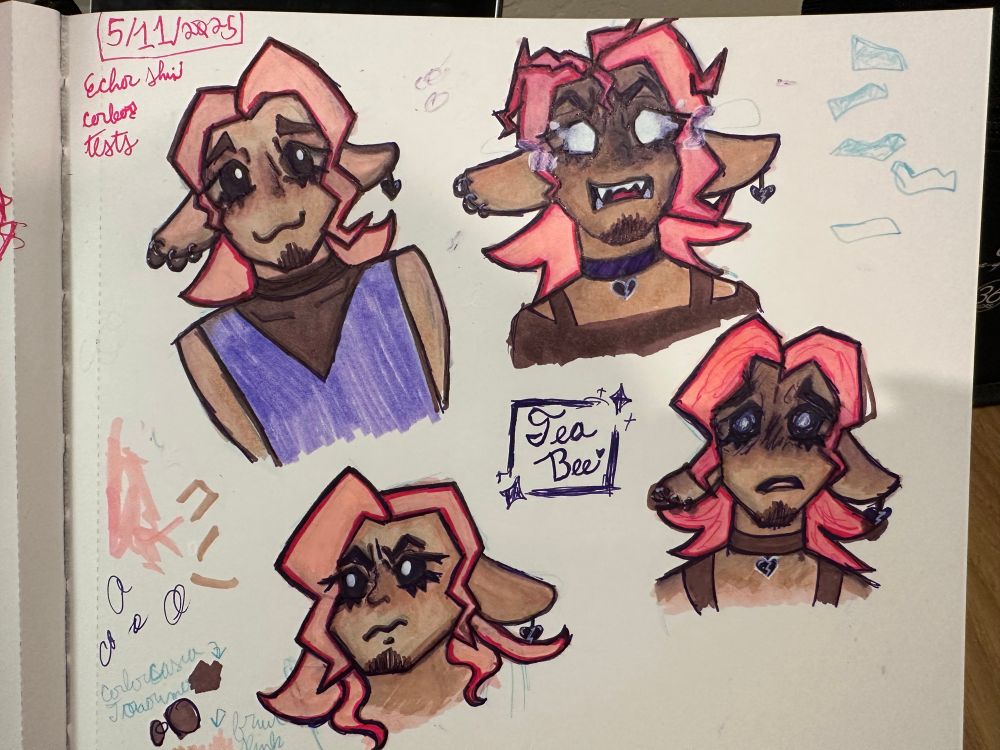Hand drawn traditional art of my original character, Echo!
The top left is a drawing of them happy and laid back.
Top right is them so upset that their power is overflowing and causing their eyes to glow.
Bottom left is them looking up while kinda grumpy.
Bottom right is them extremely distraught with a shadow of dread covering the top half of their face.