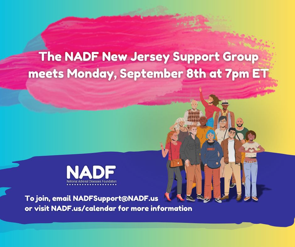 An illustration of a group of people facing the viewer and text that reads, "The NADF New Jersey Support Group meets Monday, September 8th at 7pm ET. To join, email NADFSupport@NADF.us or visit NADF.us/calendar for more information".