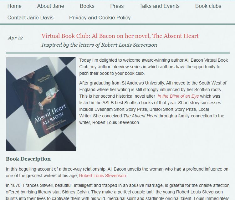 Image is screenshot of Jane Davis Blog article 'Ali Bacon on her novel 'The Absent Heart'