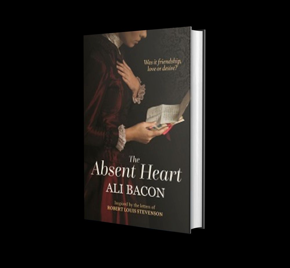3d image of book cover 'The Absent Heart" showing woman in Victorian dress holding a letter