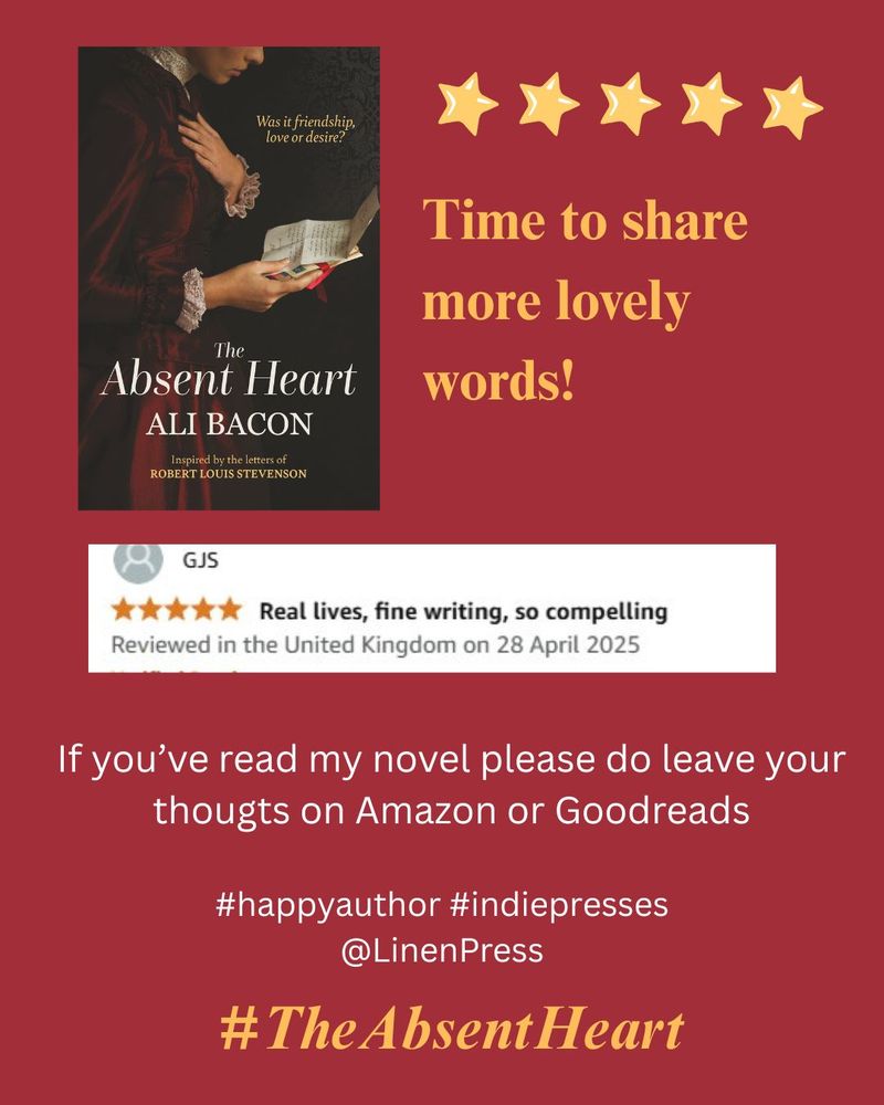 Image shows cover of novel The Absent Heart with a five star rating and snippet from an Amazon review . Also text 'If you've read my novel please do leave your thoughts on Amazon or Goodreads'