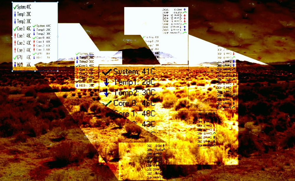 a collage of images, the background is a photo of the bare landscape of the high desert of california, with the sky replaced with a darkened close-up of macaroni and cheese. superimposed on this is a series of duplicates of an image of a compuer temperature readout as provided by the windows computer application SpeedFan, which if i'm not mistaken isn't updated anymore, the images have been manipulated in various fun and creative ways, it's a very good image