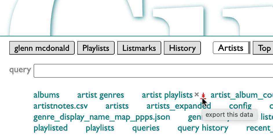 Small screenshot showing the "export this data" arrow next to each dataset on the Curio/DACTAL query page.