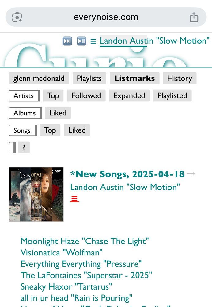 Screenshot of Curio's Listmarks page, showing the new ☰ button for opening a recent playlist's recently-played-tracks list.