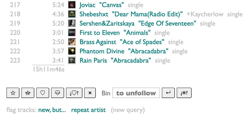 The bottom of a Curio playlist page, with some custom track-flagging functions shown under the row of action buttons.