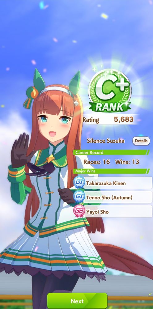 A c+ rank silence suzuka with 16 races 13 wins