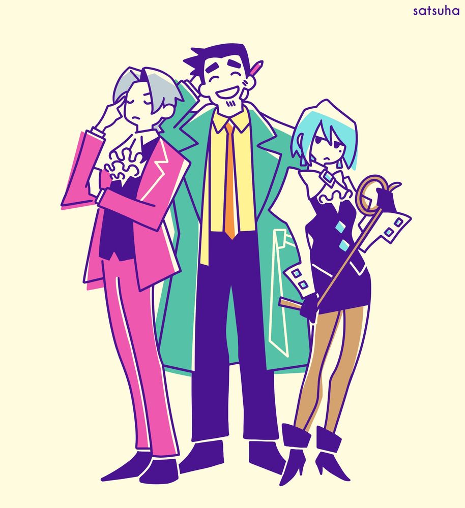 Miles Edgeworth, Dick Gumshoe and Franziska von Karma in the style of Nina Matsumoto's Lunchland bento merch. 