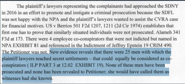 The plaintiff's lawyers representing the complainants had approached the SDNY
in 2016 in an effort to promote and instigate a criminal prosecution because the SDFL was not happy with the NPA and the plaintiff's lawyers wanted to assist the CVRA case for financial motives. US v Berrios 501 F2d 1207, 1211 (2d Cir 1974) establishes that first one has to prove that similarly situated individuals were not prosecuted. Alameh 341 F3d at 173. There were 4 employee co-conspirators that were not indicted but named in NPA EXHIBIT 81 and referenced in the Indictment of Jeffrey Epstein 19 CRIM 490.
The Petitioner was not. New evidence reveals that there were 25 men with which the plaintiff lawyers reached secret settlements - that could equally be considered as co-conspirators (ILP PART 3 at 12.02 EXHIBIT 19). None of these men have been| prosecuted and none has been revealed to Petitioner; she would have called them as witnesses had she known.