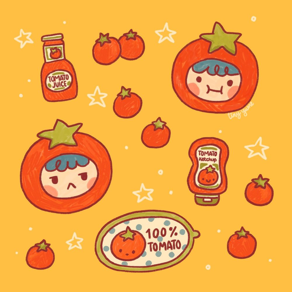 An illustration on a yellow background featuring several small tomatoes, two tomato-costumed characters, a ketchup bottle, a 100% tomato sticker and a tomato juice bottle