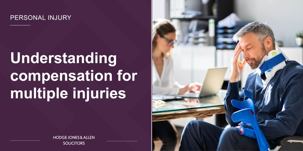 Image: Man wearing a neck brace and holding crutches sits at a desk while a woman works on a laptop in a bright office setting.

Text: Understanding compensation for multiple injuries