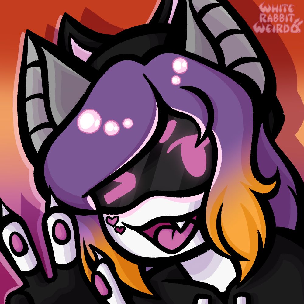Headshot drawing of a Murder Drones oc with purple and orange hair, pink eyes, and mechanical cat ears smiling and winking at the "camera" while holding up a peace sign