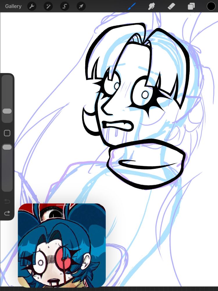 Unfinished drawing of Hatsune Freaku, most of it is a sketch but the face, bangs, and collar of her straight jacket are lineart.  She has her back to the "camera" but has her head turned to look at the viewer. There's a drawing of Hatsune Freaku by her creator LuLuYam in the reference window in the lower left corner.