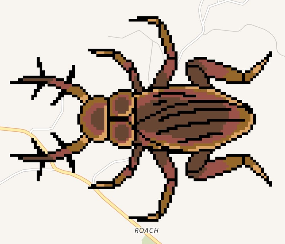 Wplace pixel art drawing of a cockroach on top of a city named Roach
