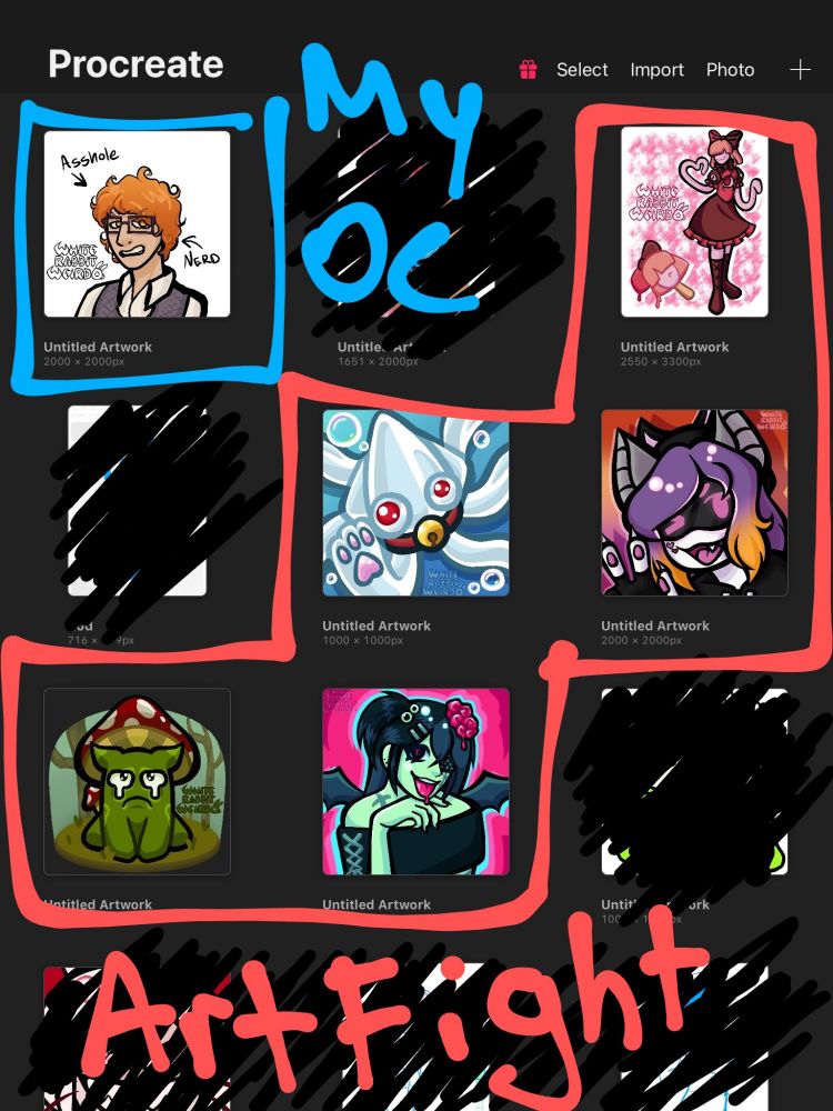 A bunch of drawings circled in red and labeled "Art Fight," and one drawing circled in blue and labeled "my oc"
