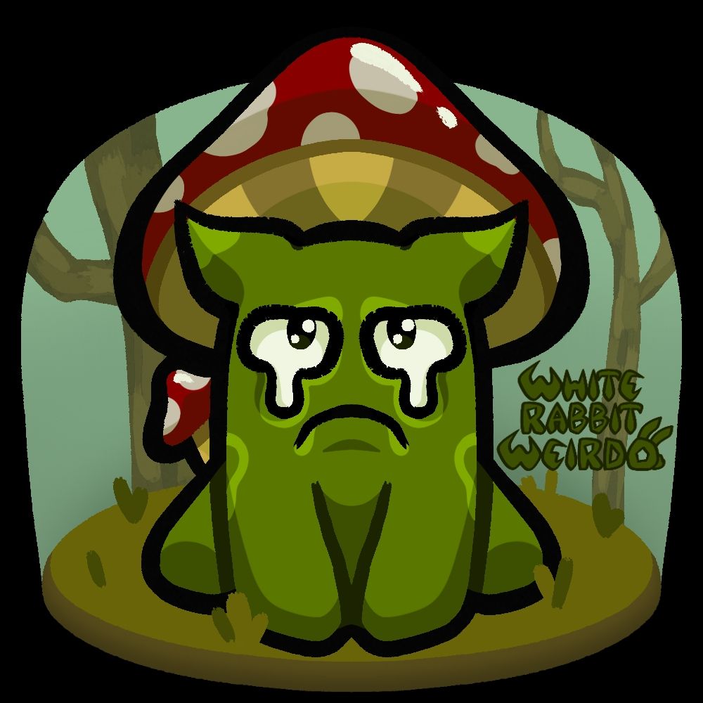 Fullbody drawing of a Horse Race Tests oc that has a green body, red mushroom on its head, and a matching mushroom tail sitting on some grass in a swamp