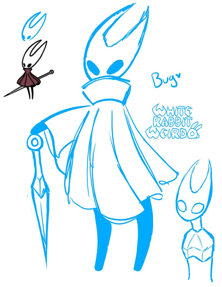 Several doodles of Hornet from Hollow Knight Silksong drawn in blue. Main one is a doodle of her with an arm outstretched holding onto her needle. One in the upper left corner that is just a traced head from an official PNG that is under the traced version. One in the lower right of her a bit more stylized where I attempted drawing a buggy body without any reference. Written near the main doodle is "Bug 💙" and under that is my watermark.
