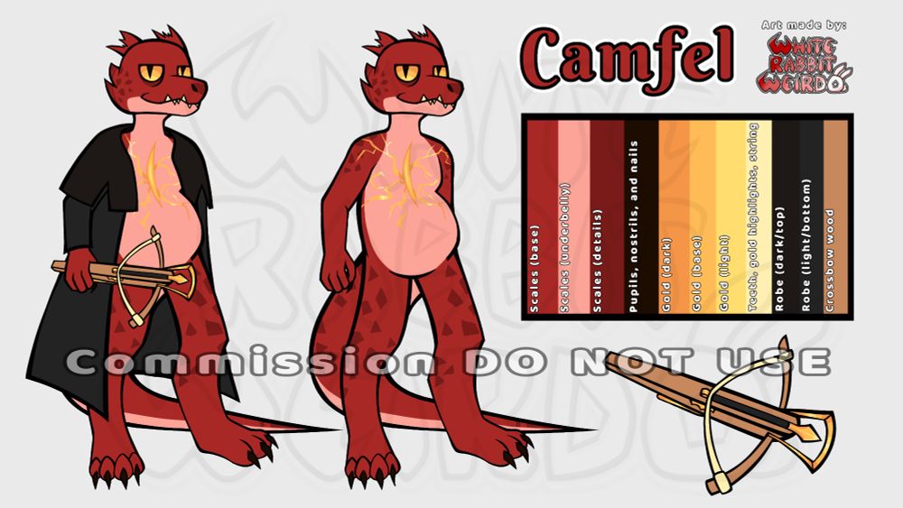 Reference sheet of a red Kobold with a large golden scar and "cracks" on his chest. There's two images of him, one with a black cloak on and holding a crossbow, and the other shows him without anything on (nude but no genitalia.) On the side of the sheet is the character's name "Camfel," the artist's signature, a labeled color palette, and a larger version of his crossbow showing that all of the metal bits are gold. Commission for Graysam_the_dumb.