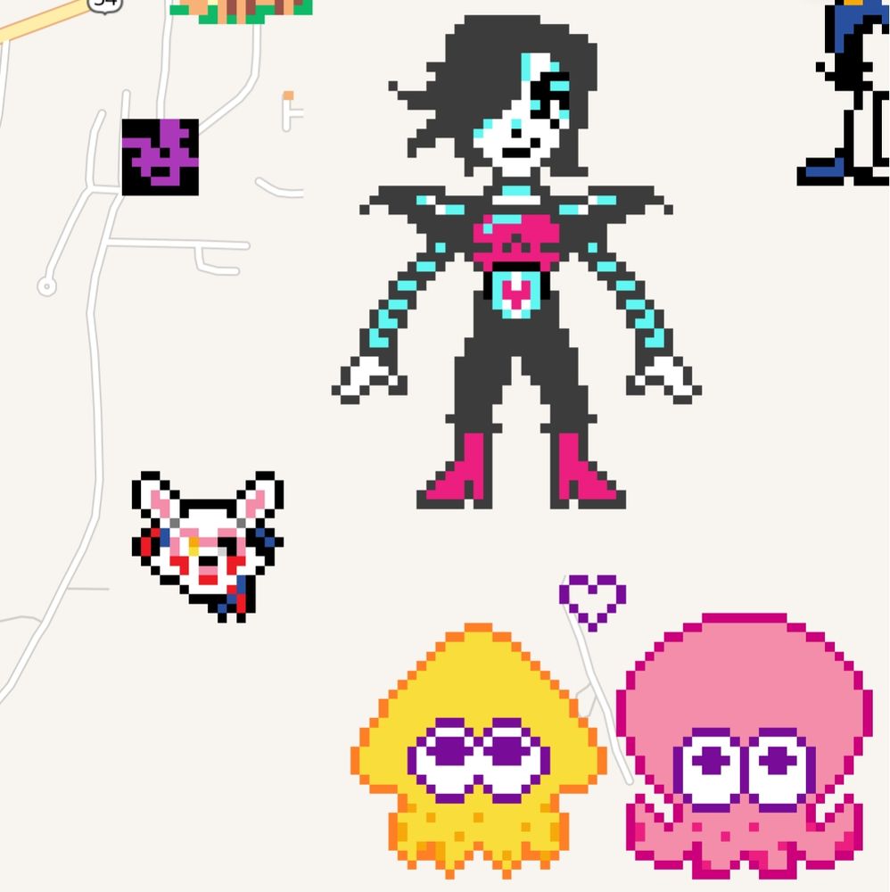 The same Mangle drawing with my previous Mettaton sprite and Splatoon drawings for size reference