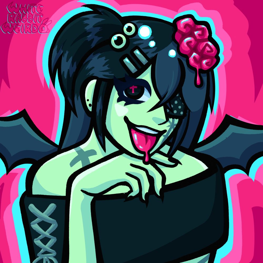 Headshot drawing of a scene zombie girl with her chin resting on her hand