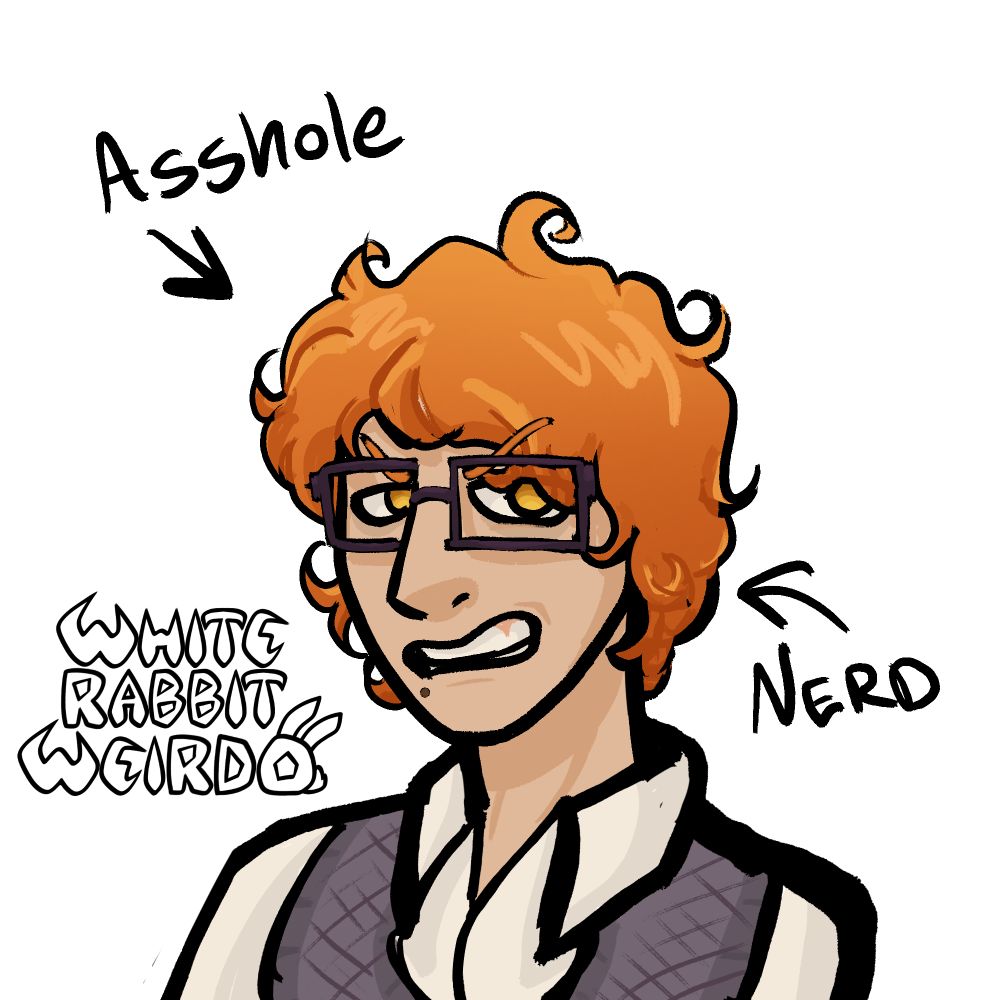 Doodle of a guy with curly red hair, square glasses, and a mole under the right side of his mouth. He's drawn with an expression that looks angry or annoyed.

I bullied him by writing "Asshole" and "Nerd" with arrows pointing towards him