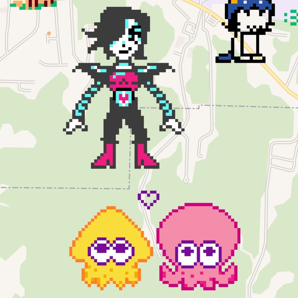 Wplace screenshot featuring a recreation of one of Mettaton's sprites and two original drawings of an inkling and an octoling in swim form