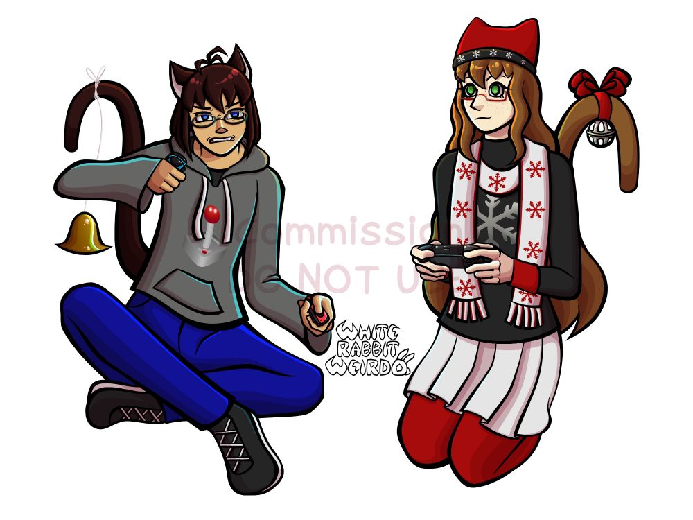 Drawn commission of two cat girls sitting by each other holding game controllers. The brown haired one appears serious/annoyed, the red haired one has a more neutral expression.