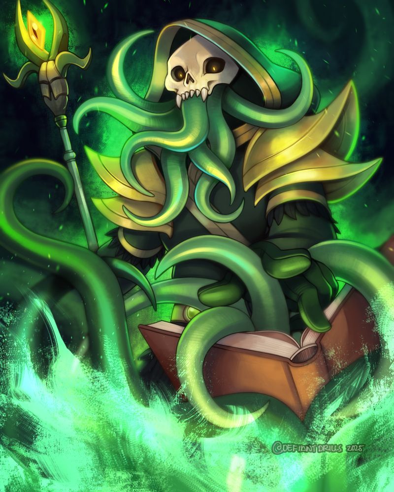 A skeletal mage summoning an unknowable creature from his tome 