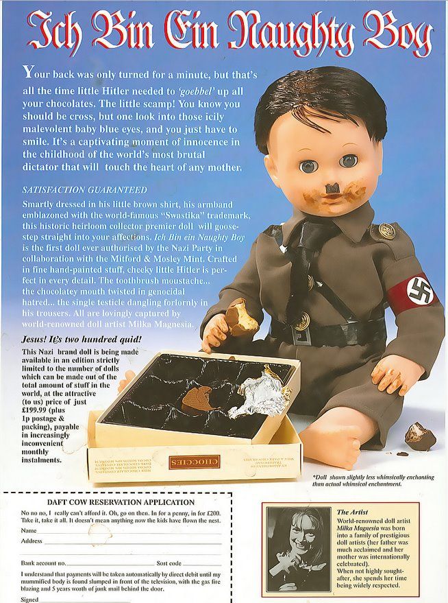 Viz satire of an adorable Adolf Hitler doll, apeing the adverts often seen on the back of Sunday supplementals for crap nick-nacks.